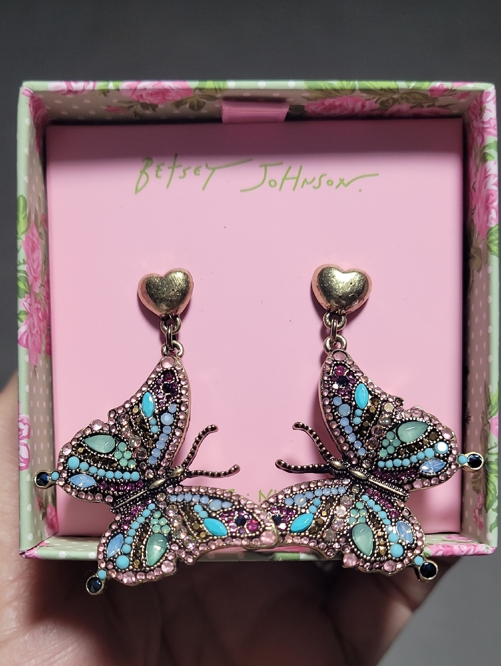 Betsey Johnson Pink, Turquoise & Blue Crystal Butterfly Drop Earrings